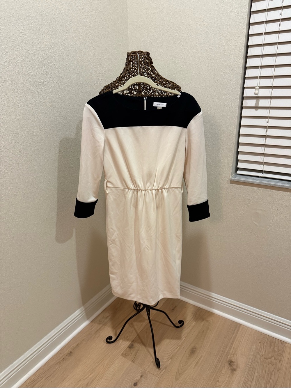 Calvin Klein Cream Dress with Black Yoke & Cuff Accents